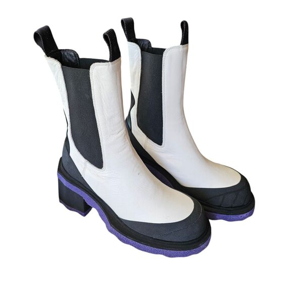 Off White Calf Geo White Leather Purple Sponge Sole Chelsea Boots Size 37 US 7 - Picture 1 of 11